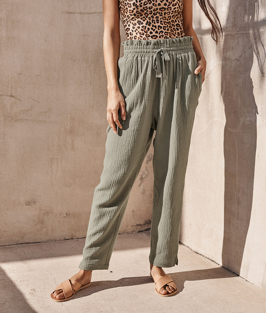 The Going Places Gauze Drawstring Pant - Agave