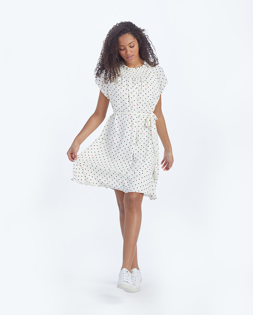 The Silky Flutter Sleeve Dress - White Sand Dot
