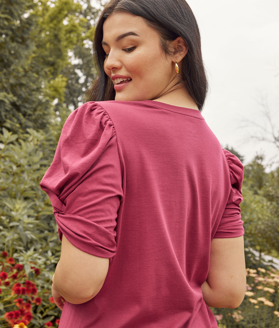 The Luxe Pima Twist-Sleeve T-Shirt Dress - Currant