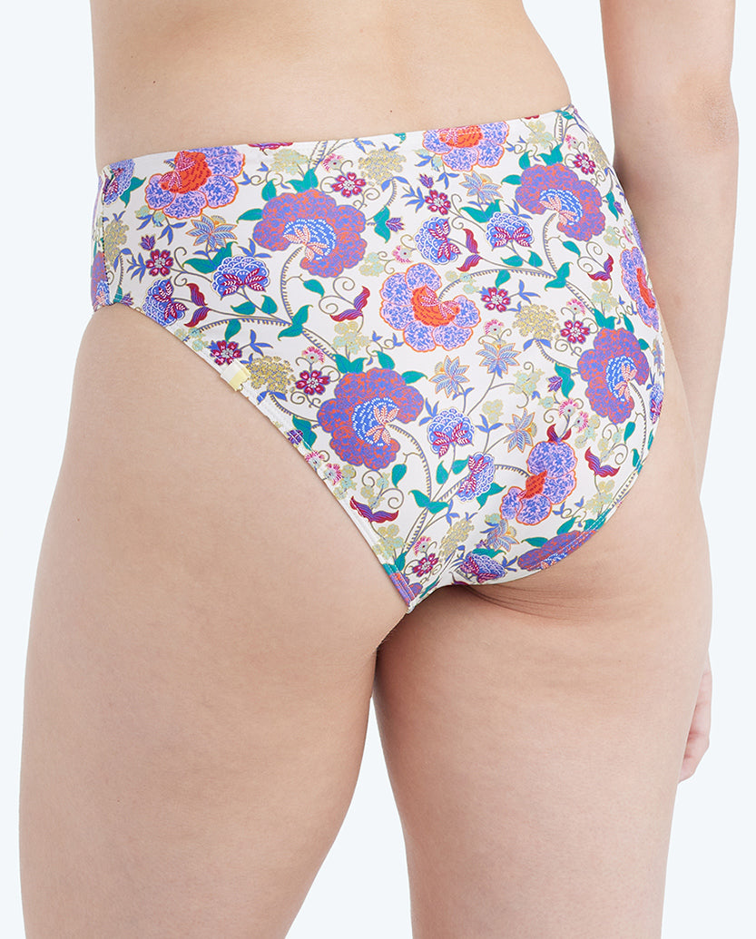 The Limited-Edition High Leg Mid Rise Bikini Bottom - Scroll Block Print in Violet & Lava