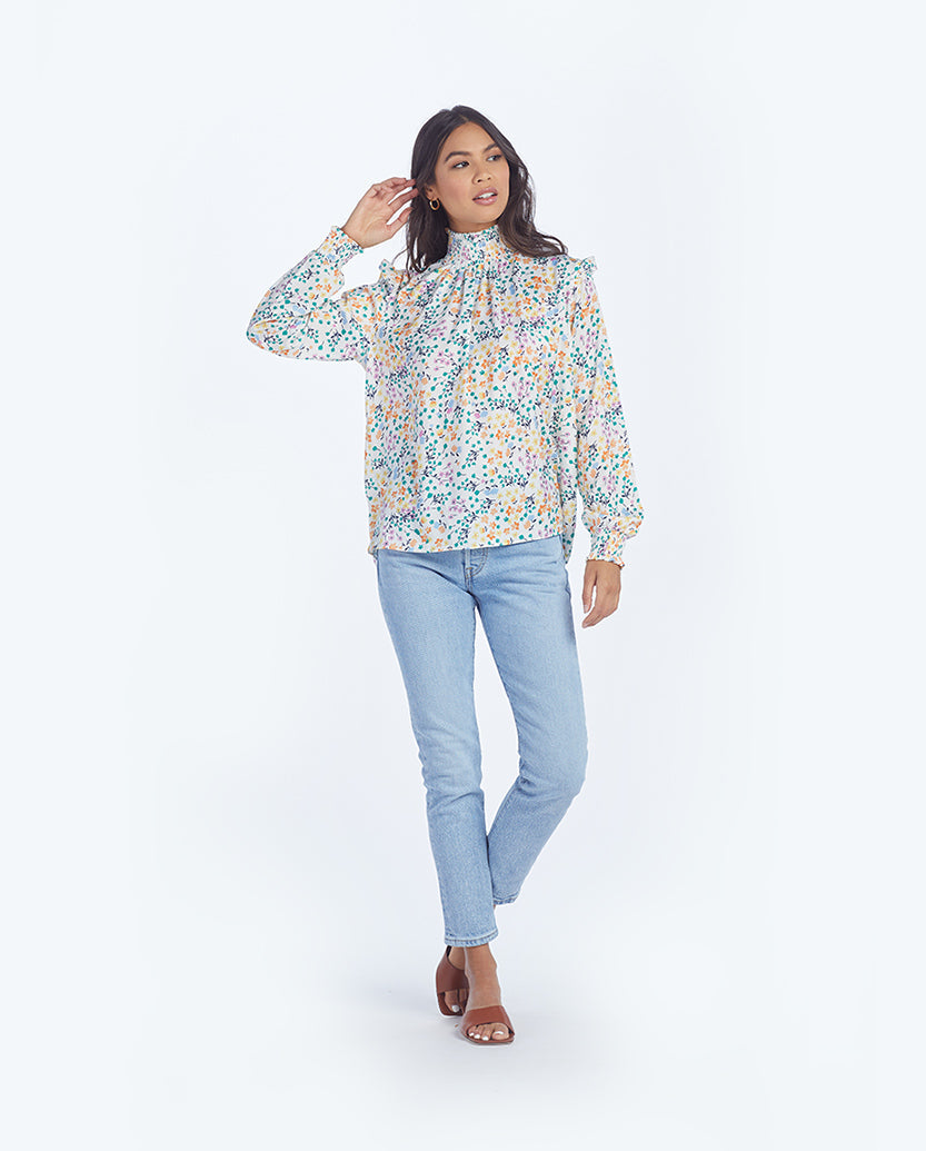 The Silky Mock Neck Blouse - Wildflower Fields in Sunshine & Coral