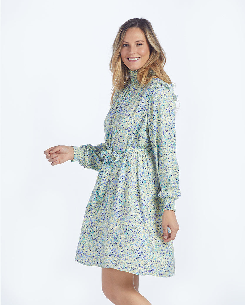 The All Dressed Up Mock Neck Dress - Painted Floral in Slate & Powder Blue