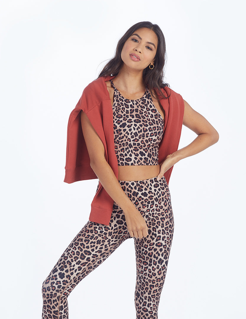 The High Neck Midi Sports Bra Tank - Terracotta Leopard