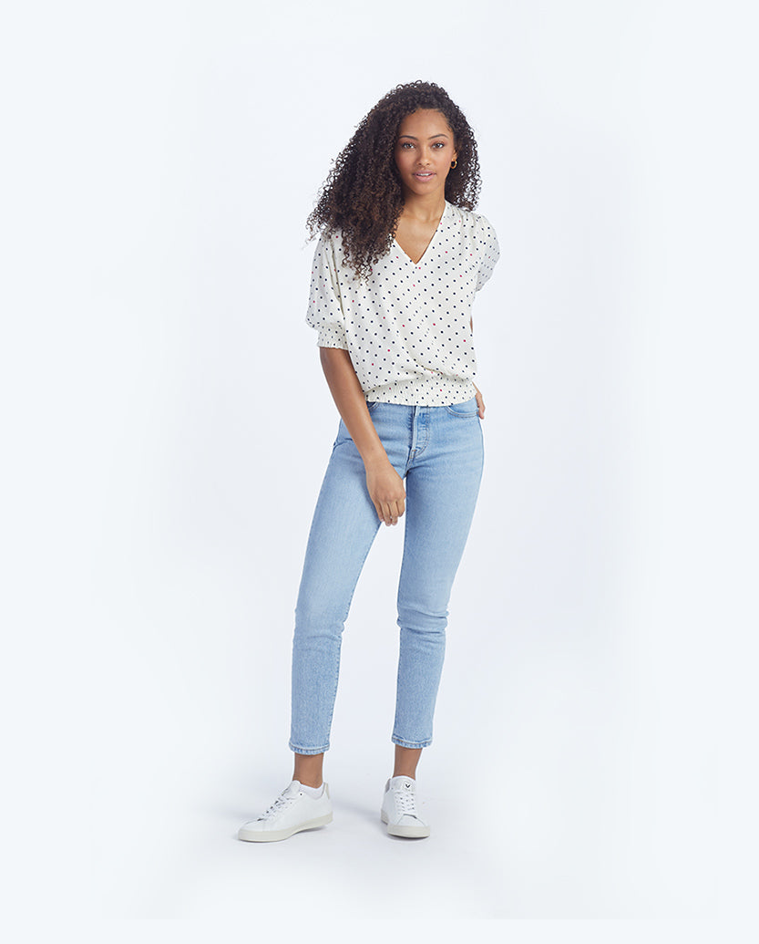 The Silky V-Neck Puff Sleeve Top - White Sand Dot