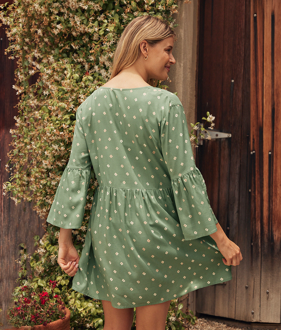 The Easy Breezy Eco Voile Mini Dress Cover-Up - Diamond Dot in Seagreen & White Sand