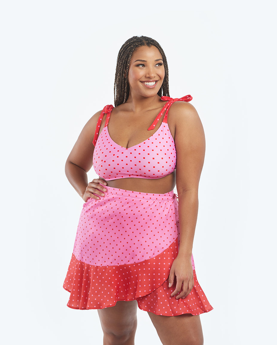 The Tie Marina Bikini Top - Square Dot in Flamingo & Hibiscus