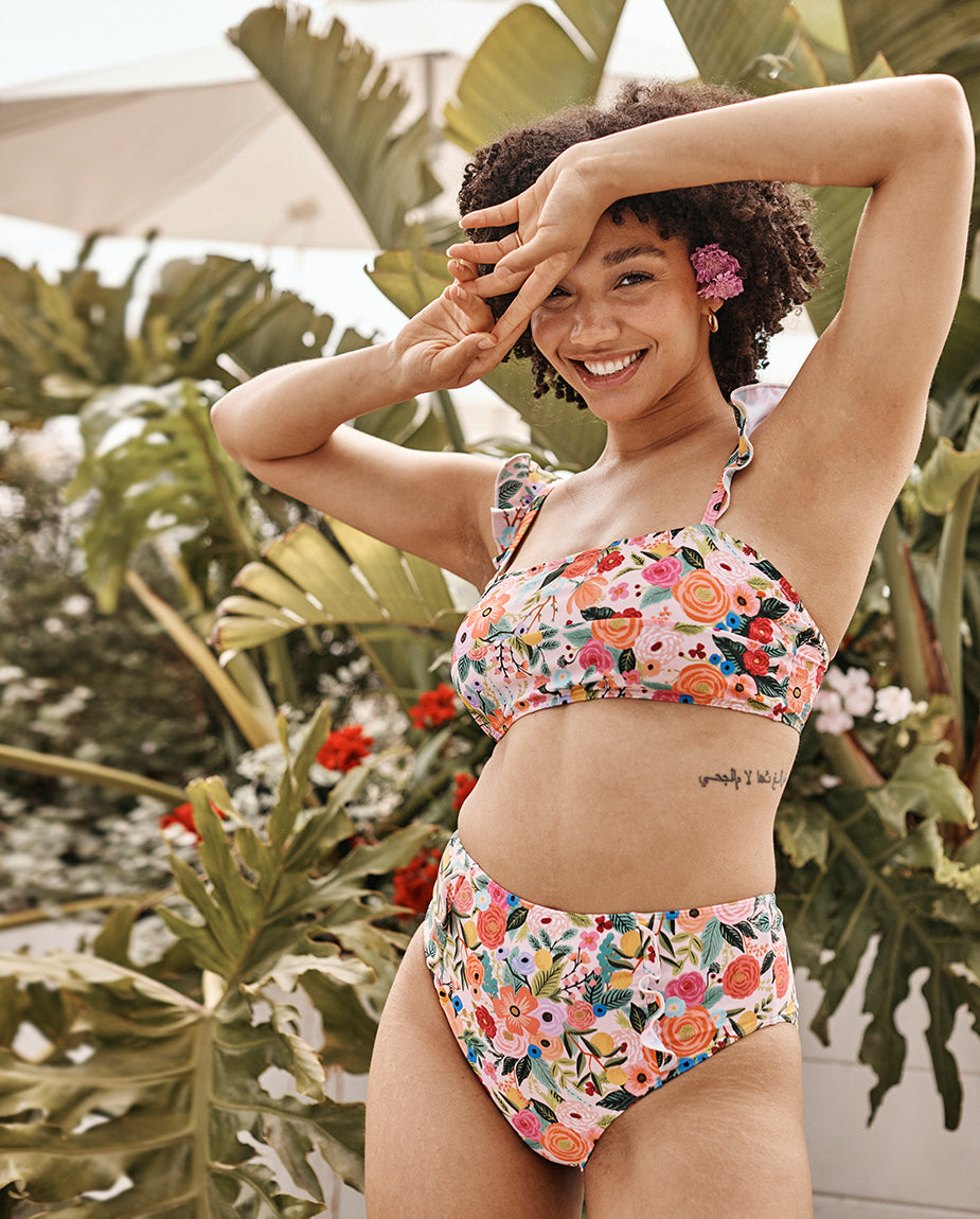 The Ruffle High Leg High Rise Bikini Bottom - Garden Party