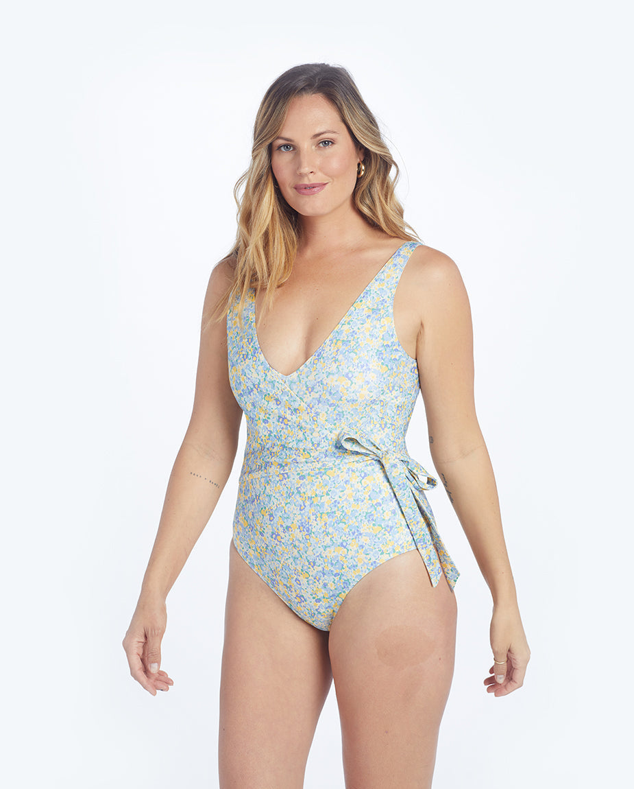The Perfect Wrap One-Piece - Painted Floral in Sunshine & Powder Blue