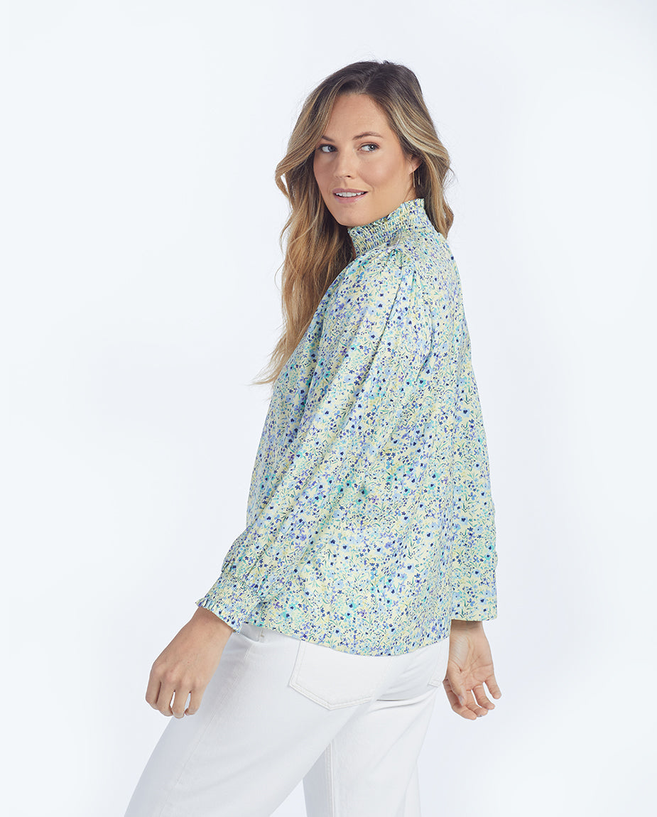 The All Dressed Up Button Up Blouse - Painted Floral in Slate & Powder Blue