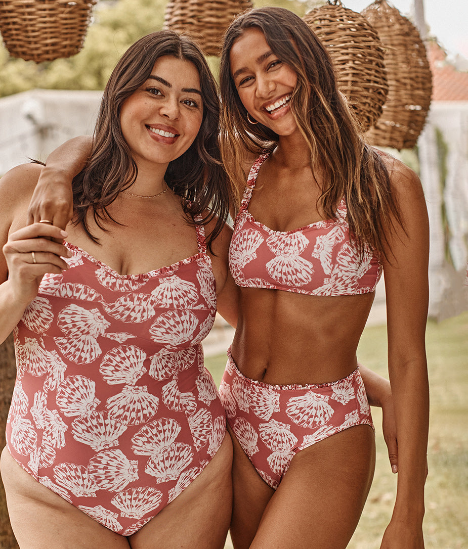 The Mini-Ruffle Sweetheart Coast Bikini Top - Scalloped Shells in Faded Rose