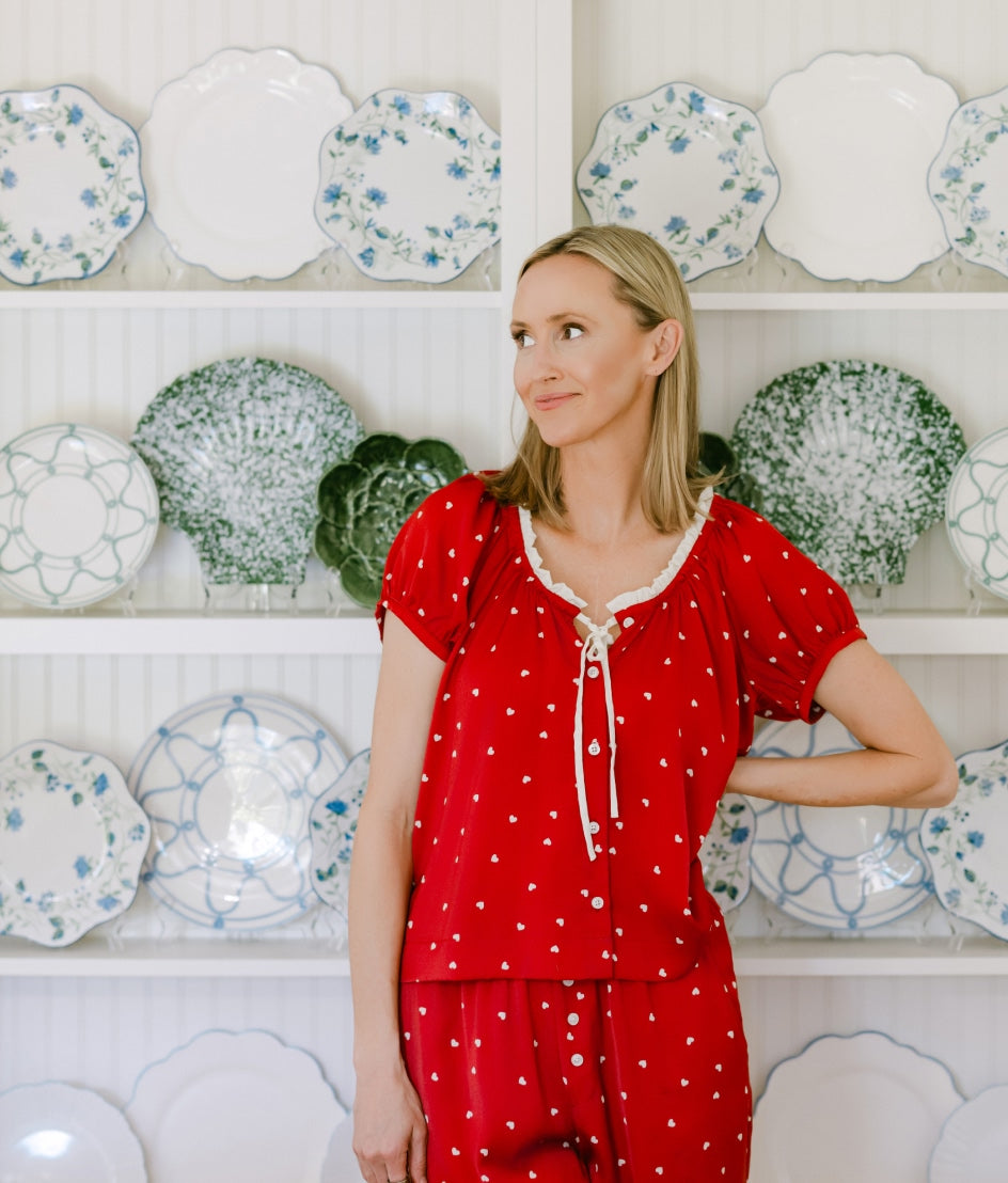The Silky Luxe Puff Sleeve Button-Front Pajama Set - Love Dots
