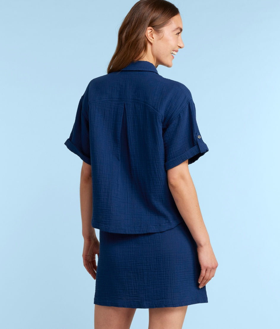 The Cloud Gauze Boxy Cropped Button-Up Shirt - Deep Sea