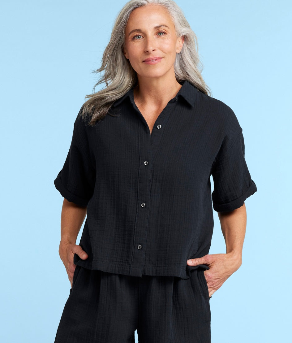 The Cloud Gauze Boxy Cropped Button-Up Shirt - Sea Urchin