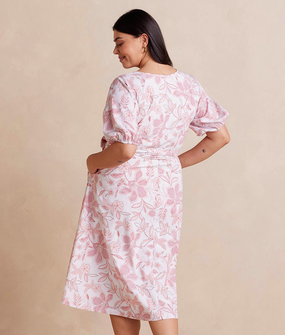 The Coastal Poplin Puff-Sleeve Wrap Midi Dress - Batik Floral in Faded Rose & White Sand