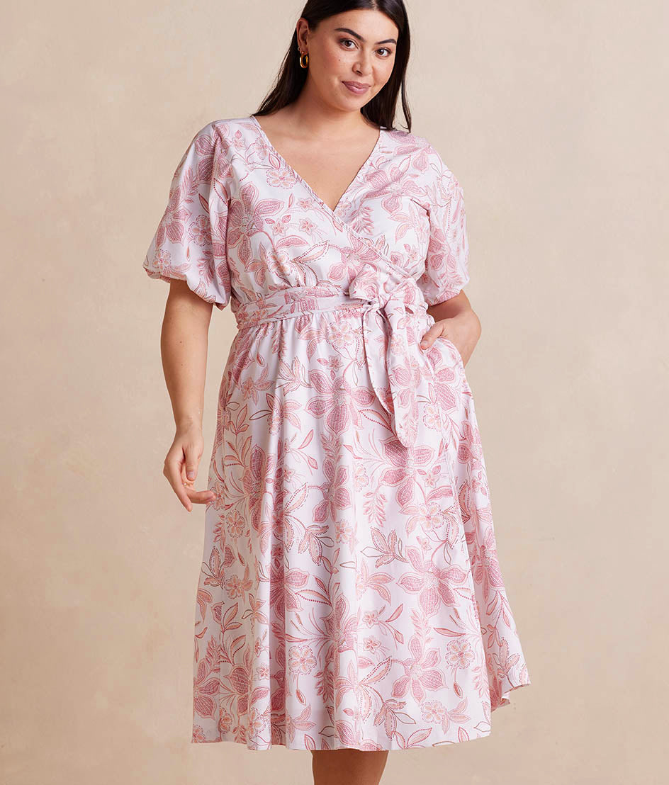 The Coastal Poplin Puff-Sleeve Wrap Midi Dress - Batik Floral in Faded Rose & White Sand