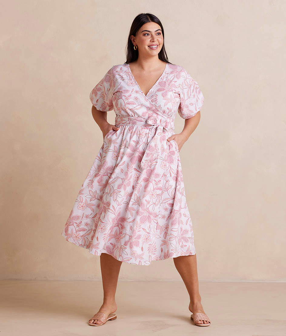 The Coastal Poplin Puff-Sleeve Wrap Midi Dress - Main