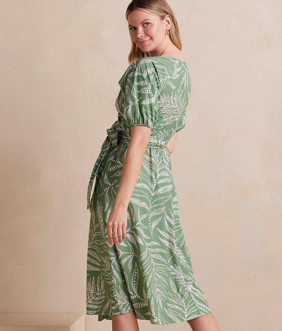 The Coastal Poplin Puff-Sleeve Wrap Midi Dress - Dotted Palms in Seagreen & White Sand