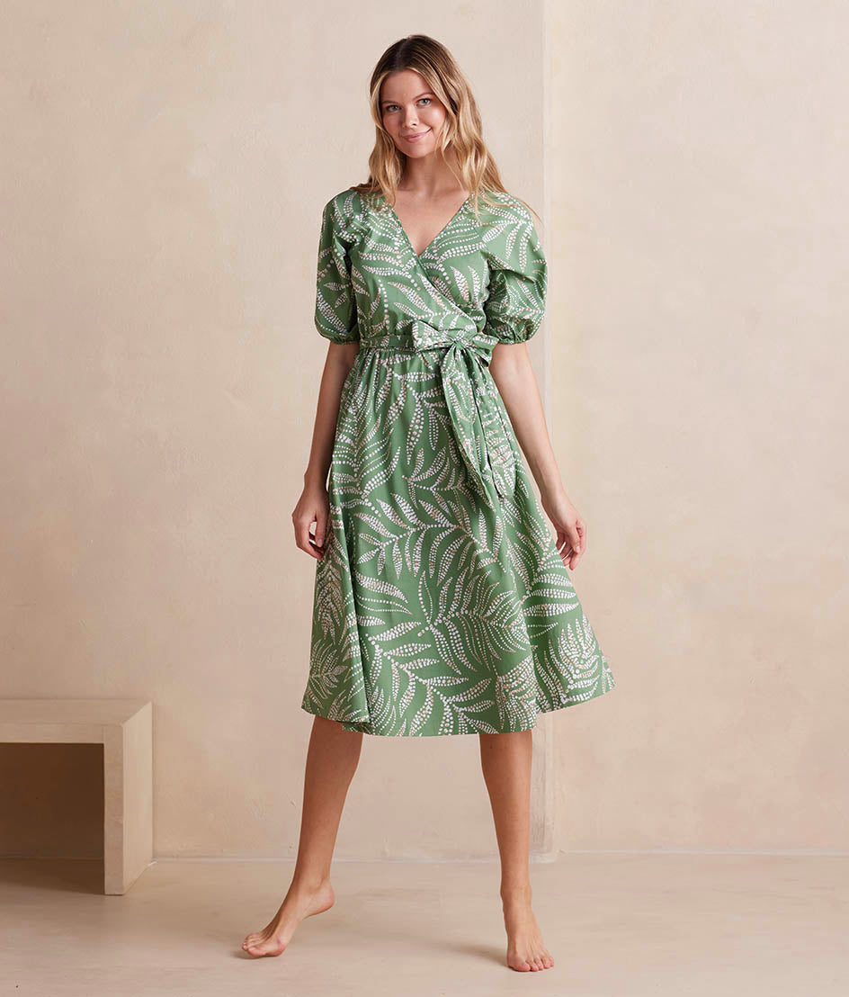 The Coastal Poplin Puff-Sleeve Wrap Midi Dress - Dotted Palms in Seagreen & White Sand