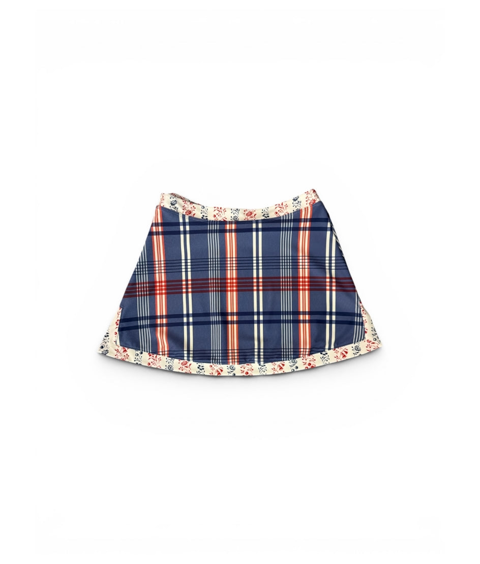 The Contrast Trim Classic Pool Skirt - Admiral Plaid & Floral Stripe in Lobster & Atlantic