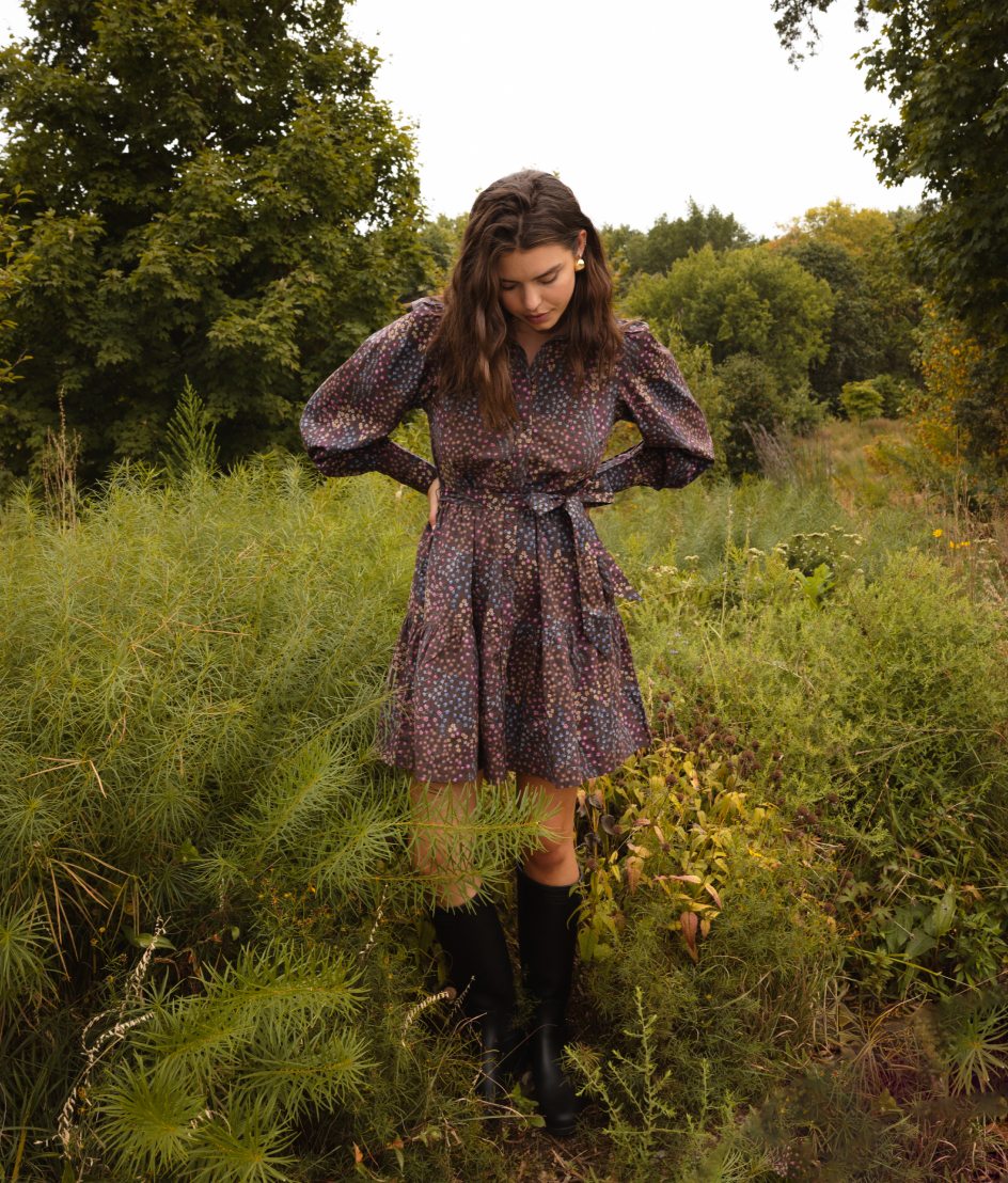The Countryside Poplin Tiered Shirtdress - Floral Prairie in Chocolate