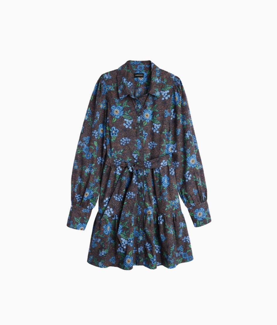 The Countryside Poplin Tiered Shirtdress - Rustic Floral in Midnight