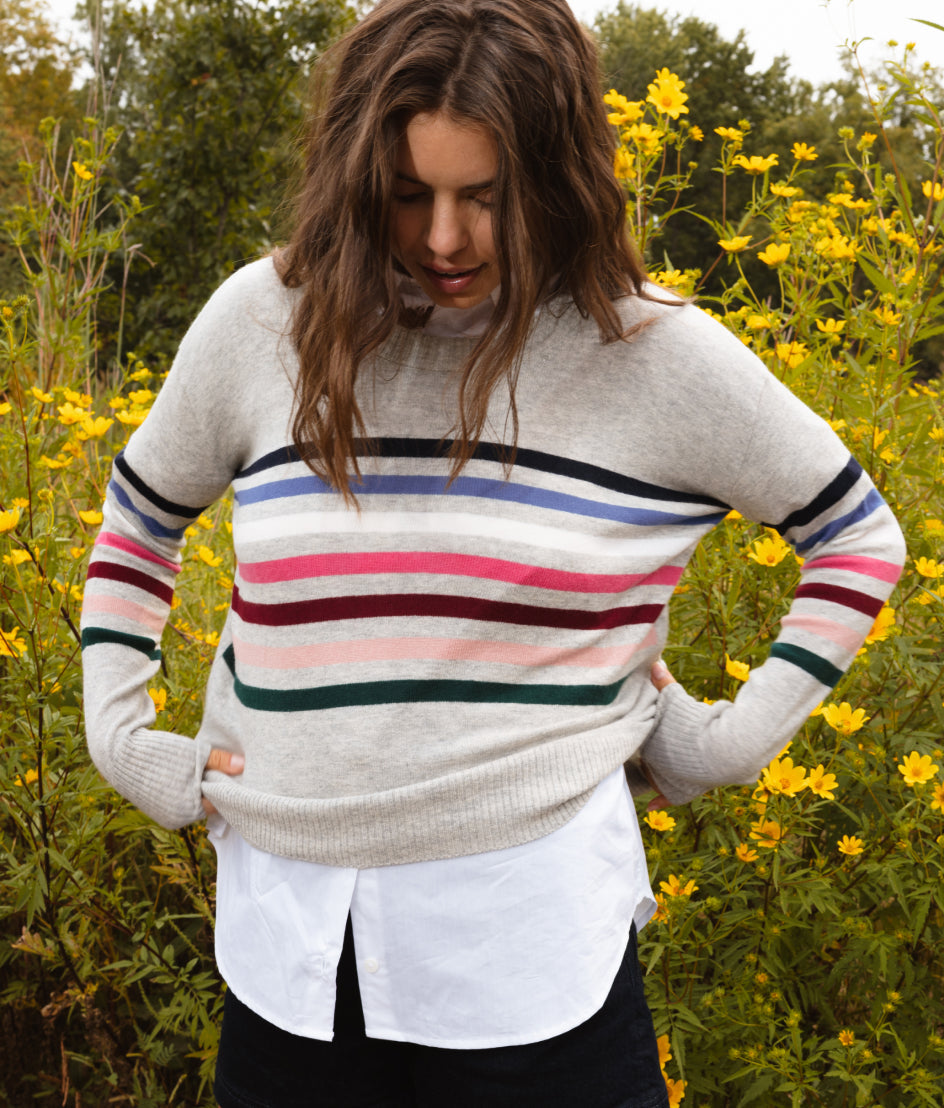 The Coziest Cashmere Blend Striped Crew - Rainbow Stripe on Wolf