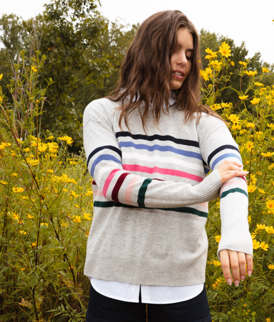 The Coziest Cashmere Blend Striped Crew - Rainbow Stripe on Wolf