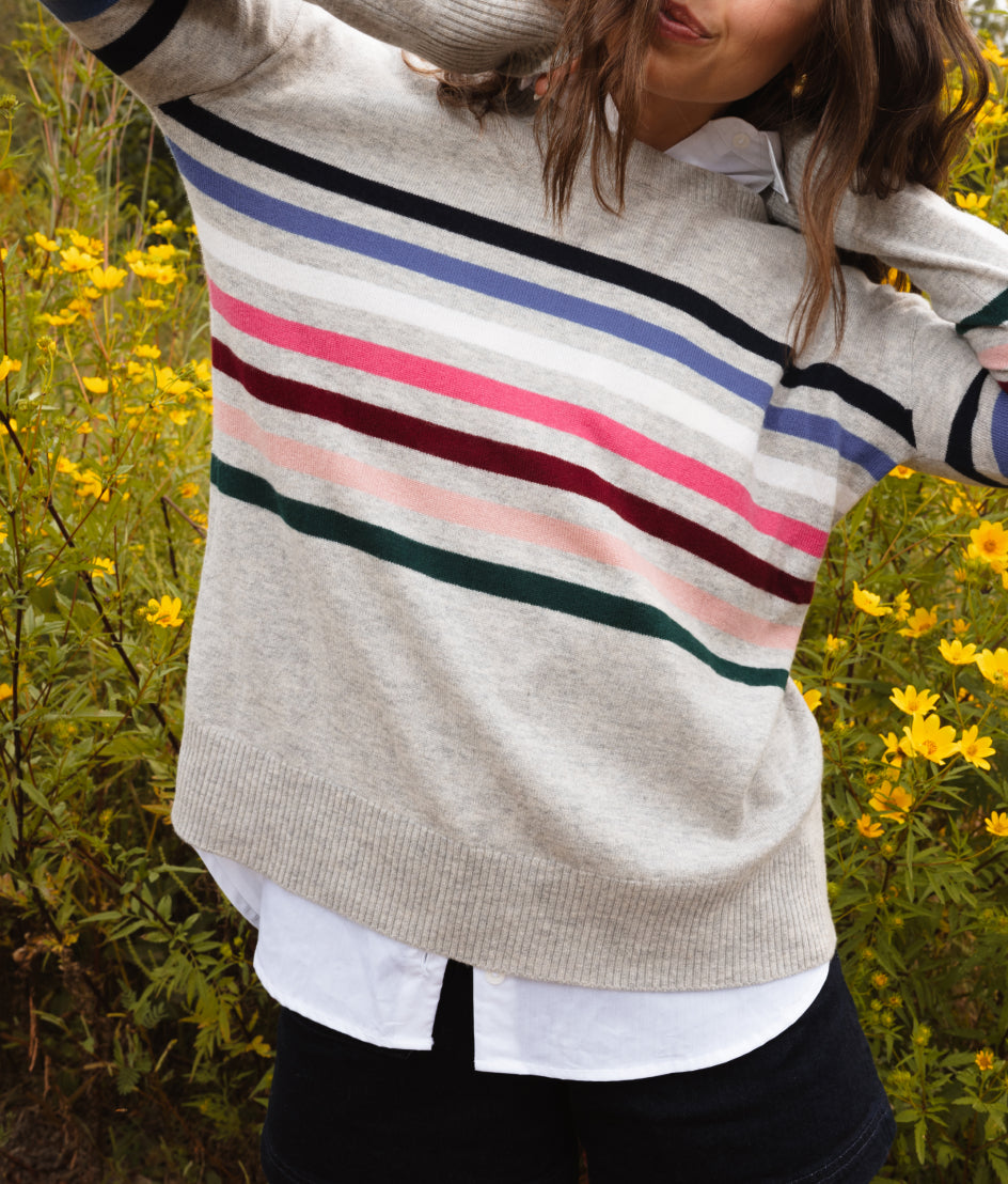 The Coziest Cashmere Blend Striped Crew - Rainbow Stripe on Wolf