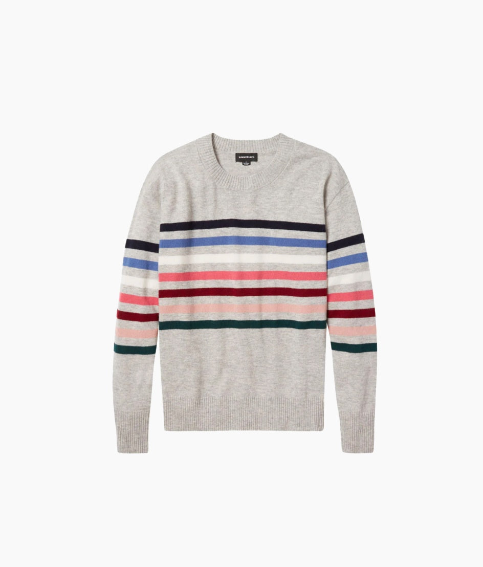 The Coziest Cashmere Blend Striped Crew - Rainbow Stripe on Wolf