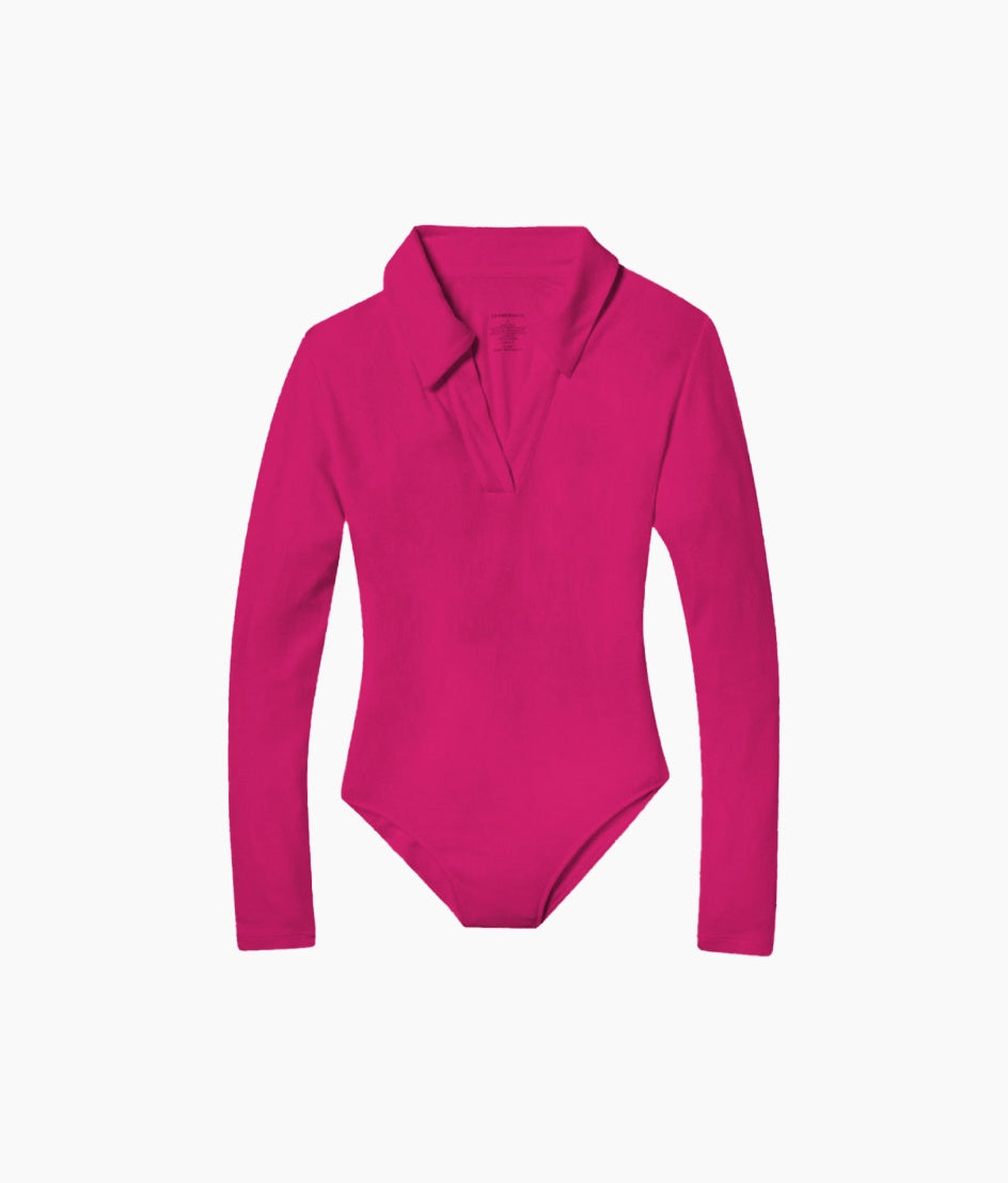 The Essential Long Sleeve Collared Bodysuit - Hibiscus