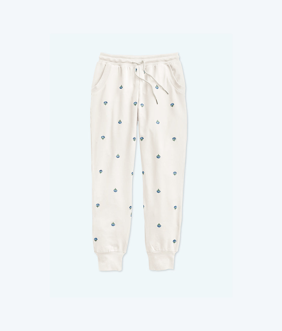 The Softest French Terry Jogger - White Sand Floral Stitch