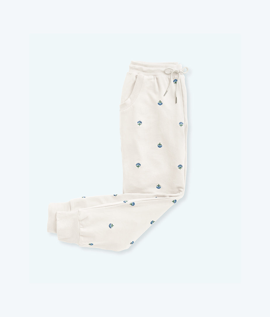 The Softest French Terry Jogger - White Sand Floral Stitch