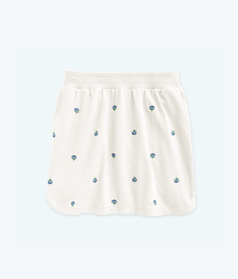 The Softest French Terry Pull-On Skirt - White Sand Floral Stitch
