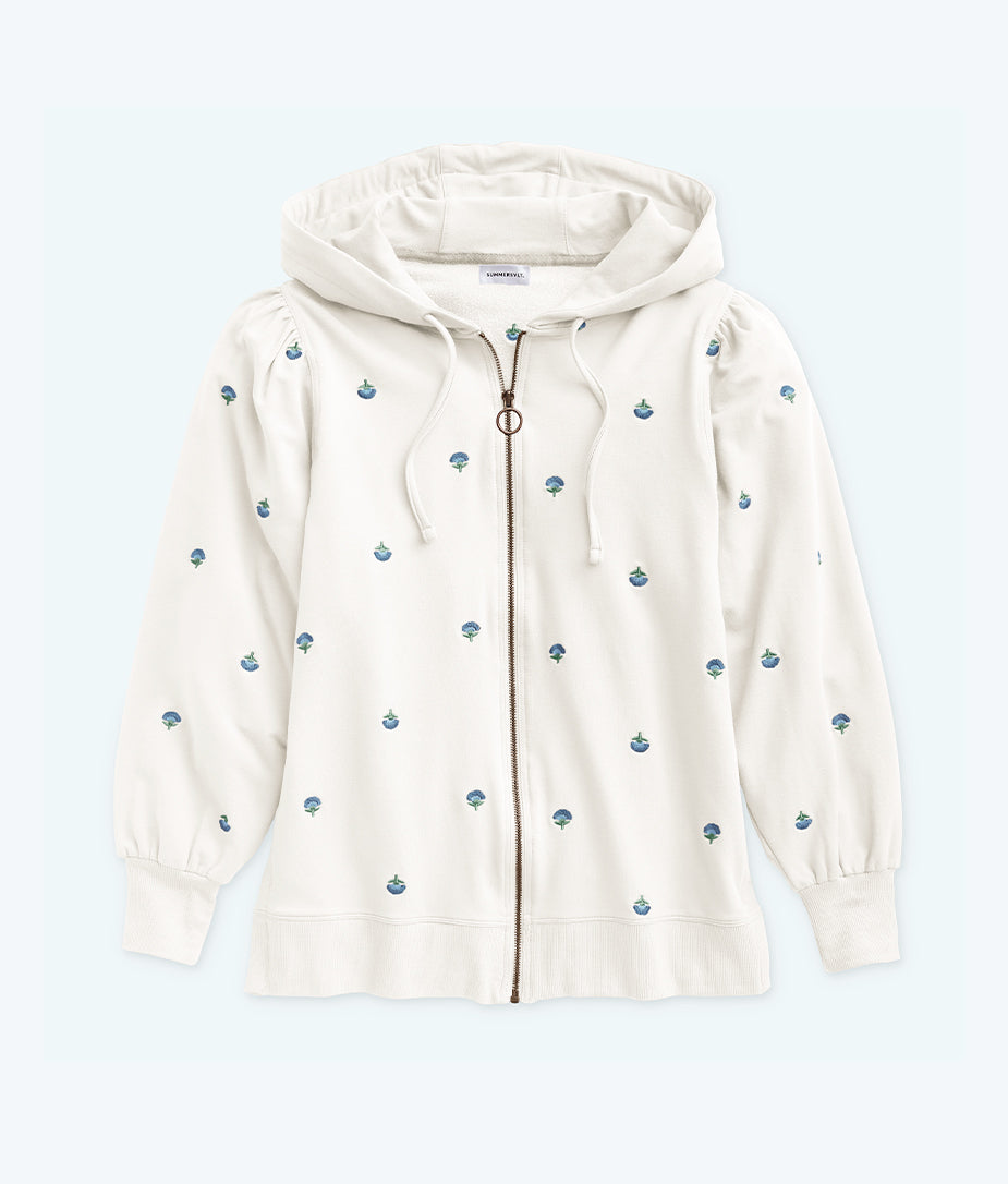 The Softest French Terry Puff-Sleeve Hoodie - White Sand Floral Stitch