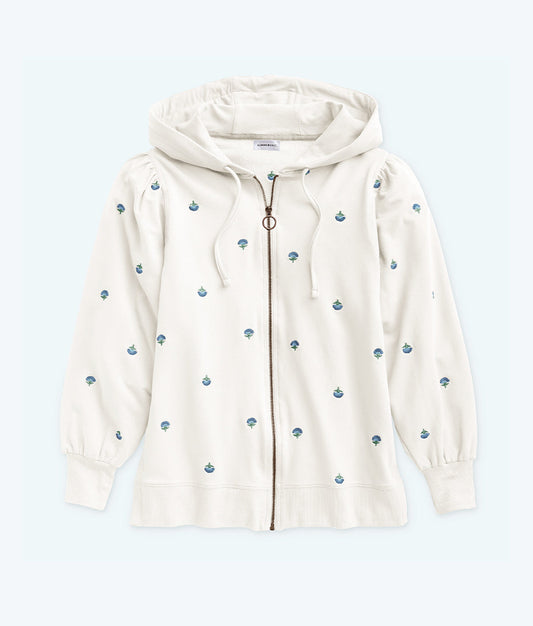 The Softest French Terry Puff-Sleeve Hoodie - White Sand Floral Stitch