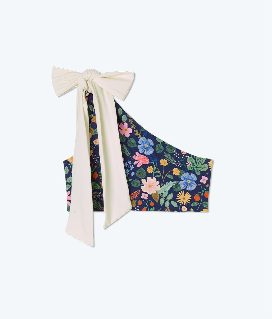 The Bow-Shoulder Ruched Sidestroke Bikini Top - Strawberry Fields in Deep Sea