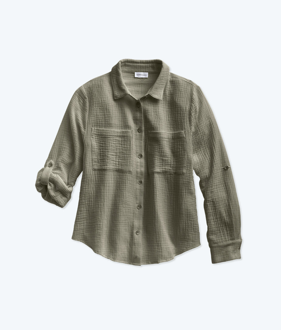 The Going Places Gauze Button-Down Camp Shirt - Agave