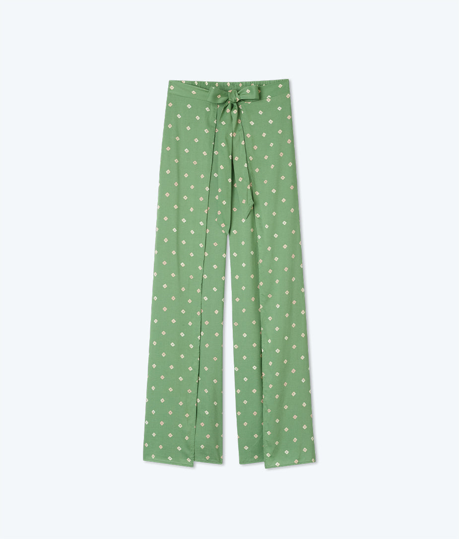The Easy Breezy Eco Voile Wrap Pant - Diamond Dot in Seagreen & White Sand