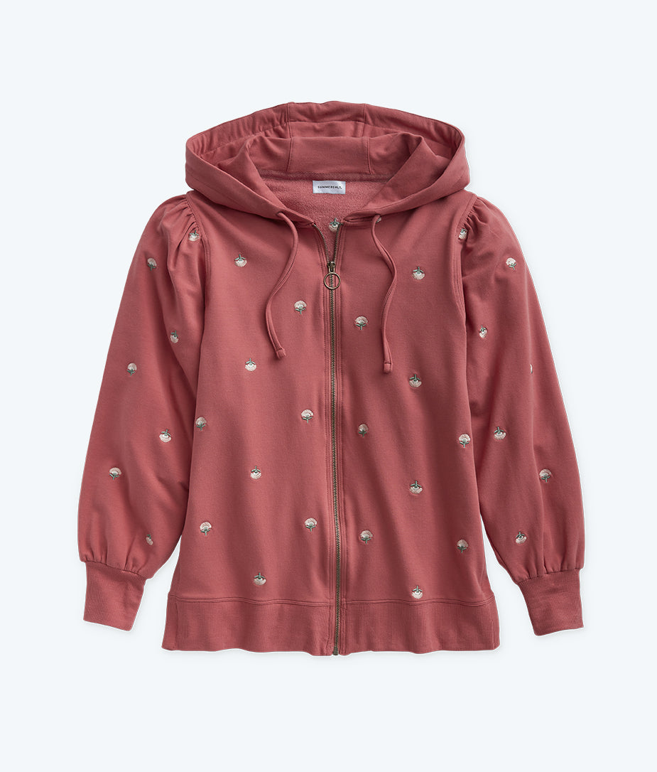 The Softest French Terry Puff-Sleeve Hoodie - Faded Rose Floral Stitch