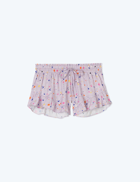 The Silky Ruffle Shorts - Paint Splatter in Lilac