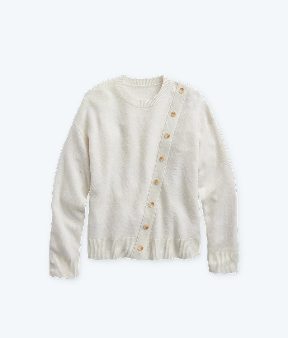The Luxe Cashmere Blend Button Crewneck - White Sand