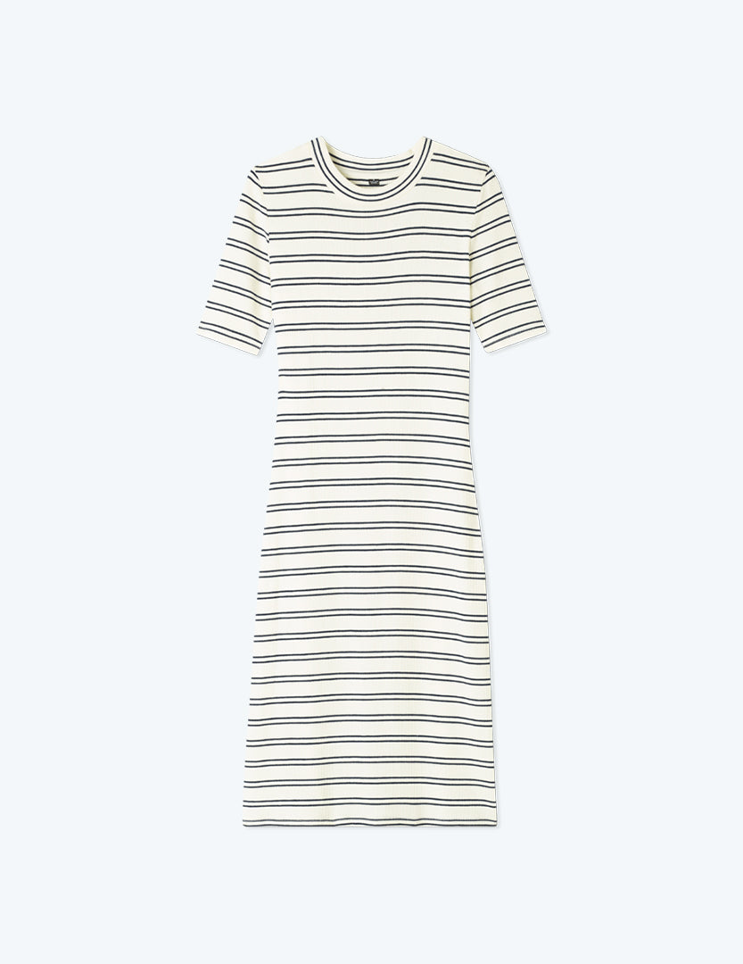 The Softest Ribbed Crew Neck Dress - White Sand & Deep Sea Stripe