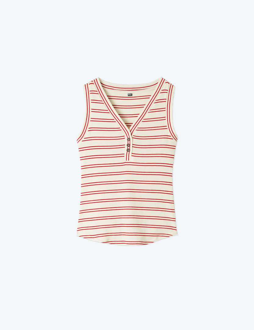 The Softest Ribbed Henley Tank - White Sand & Berry Stripe