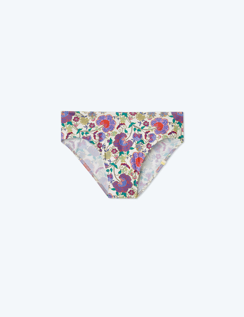 The Limited-Edition High Leg Mid Rise Bikini Bottom - Scroll Block Print in Violet & Lava