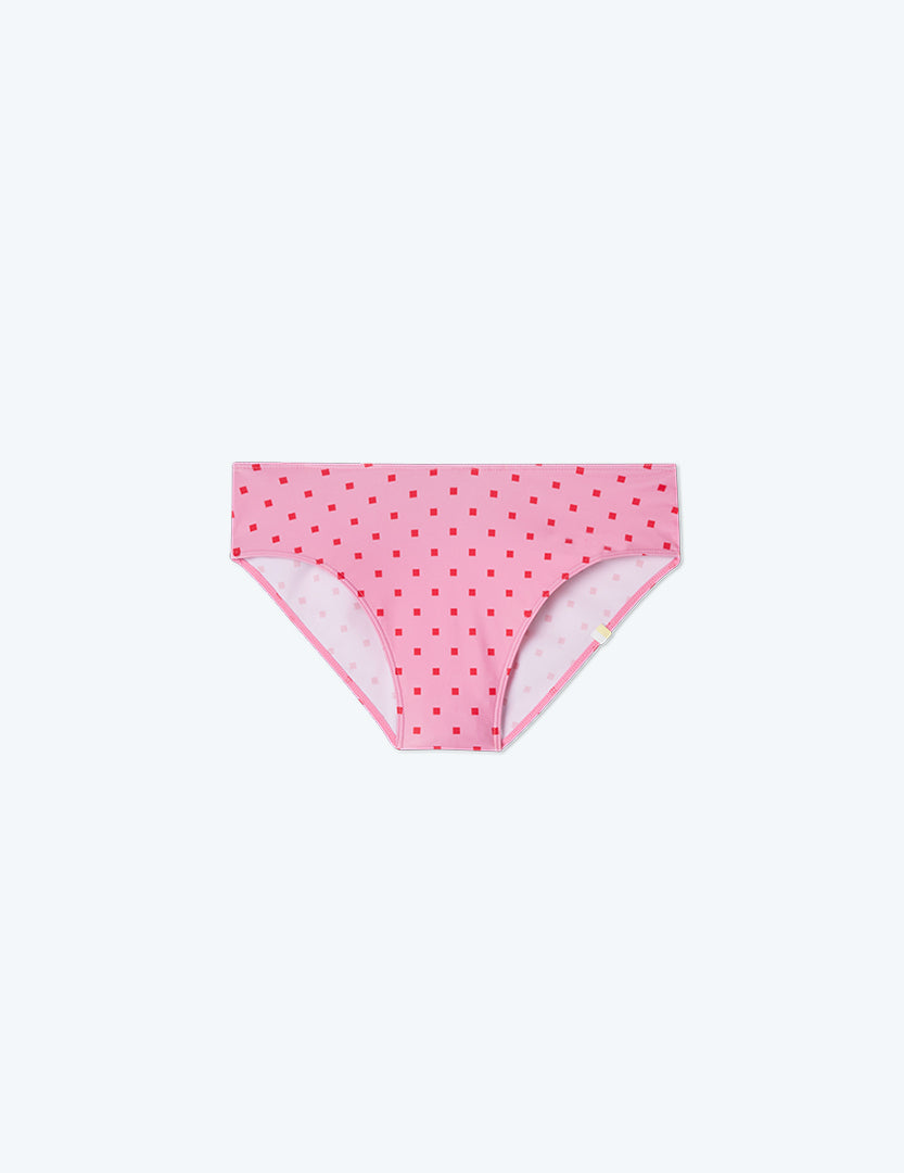 The Limited-Edition High Leg Mid Rise Bikini Bottom - Square Dot in Flamingo & Hibiscus