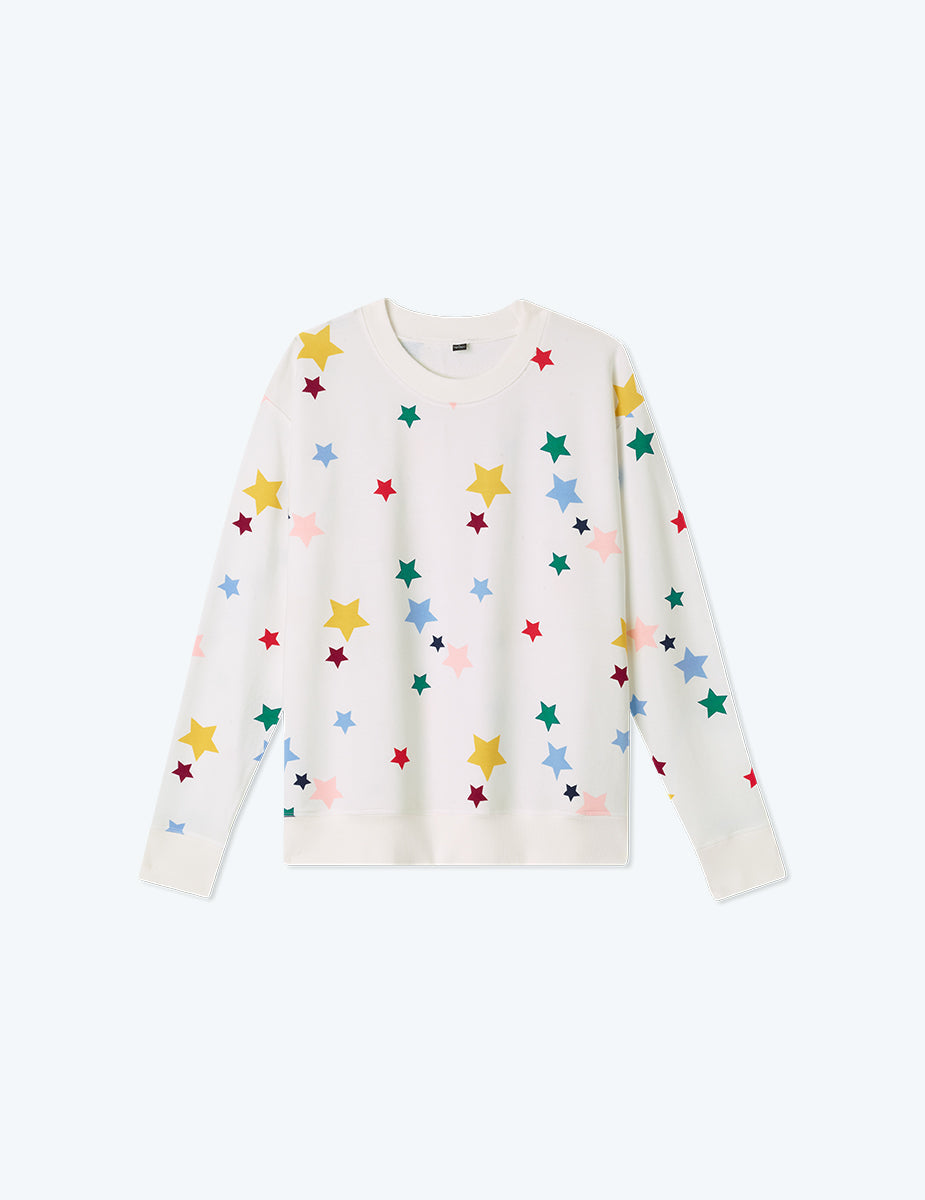 The Softest French Terry Relaxed Crew - Scatter Stars in White Sand