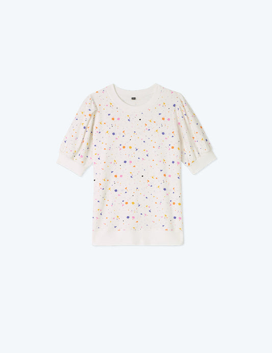 The Softest French Terry Puff Short Sleeve Top - Paint Splatter in White Sand