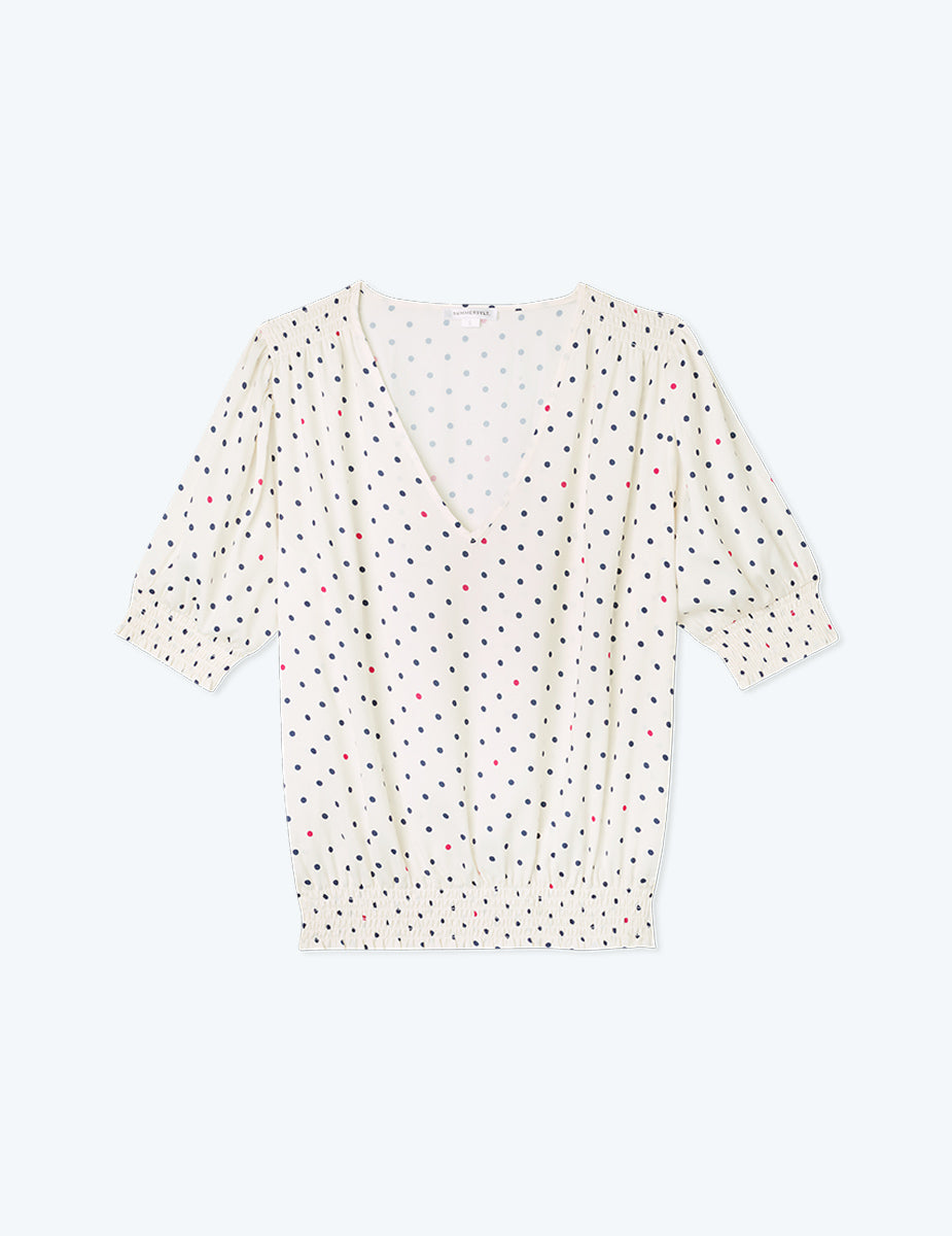 The Silky V-Neck Puff Sleeve Top - White Sand Dot