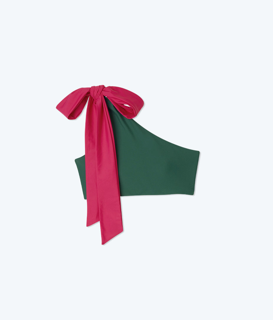 The Bow-Shoulder Ruched Sidestroke Bikini Top - Olive & Spritz