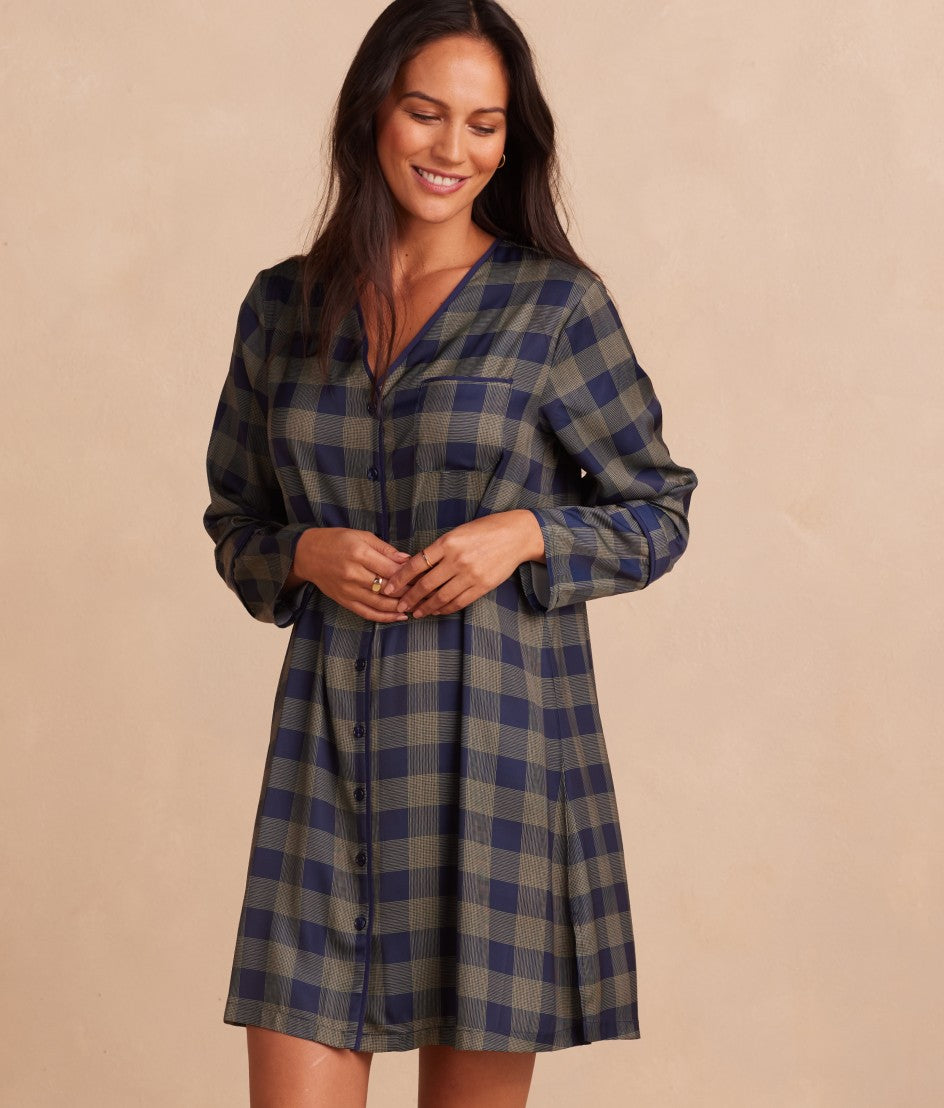 The Cloud 9 Boyfriend Sleep Shirt - Buffalo Check in Deep Sea & Gold